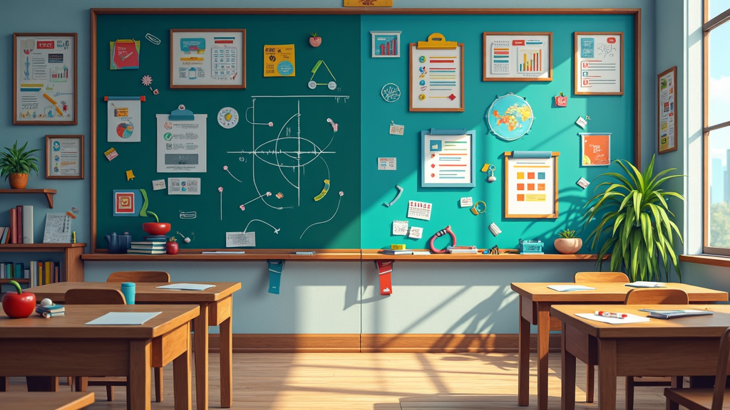 A colorful chalkboard showing concept maps, icons, and tools related to education methods