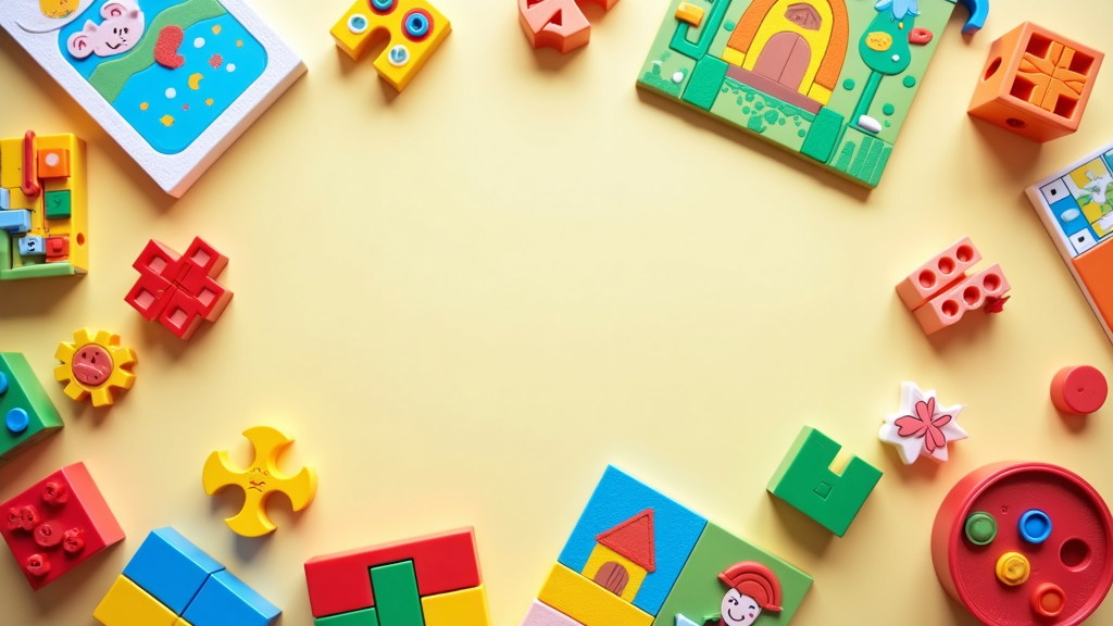 A colorful collection of creative learning tools for children such as building blocks, puzzles, and board games scattered on a playful and vibrant background.