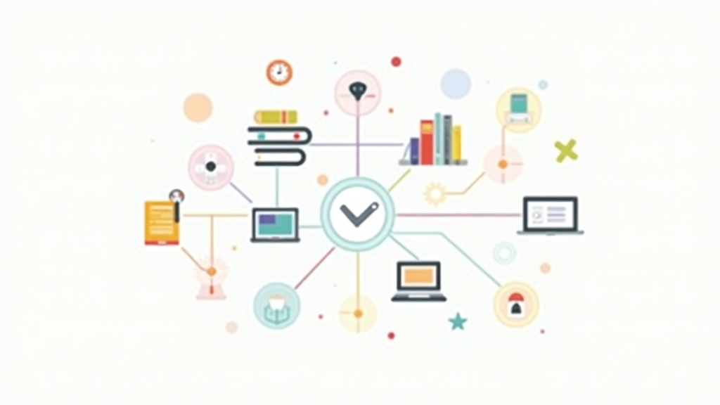 An abstract concept image of learning personalization with various learning tools and symbols interconnected across a digital network