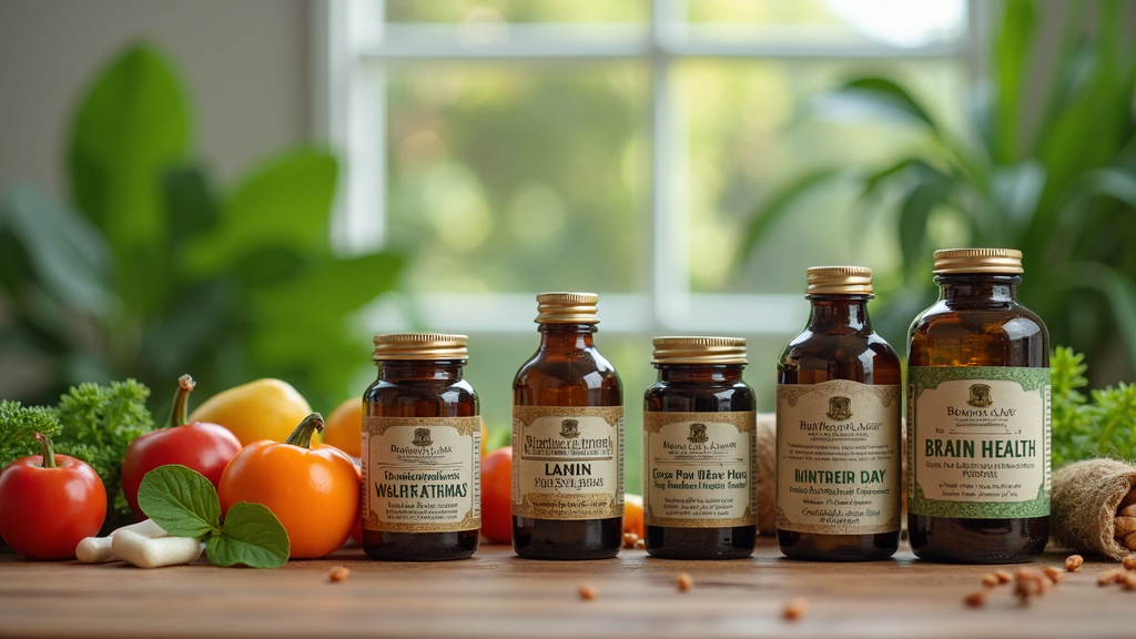 Bottles of natural supplements, fresh herbs, and vegetables on a wooden table, arranged to suggest brain health and wellness.