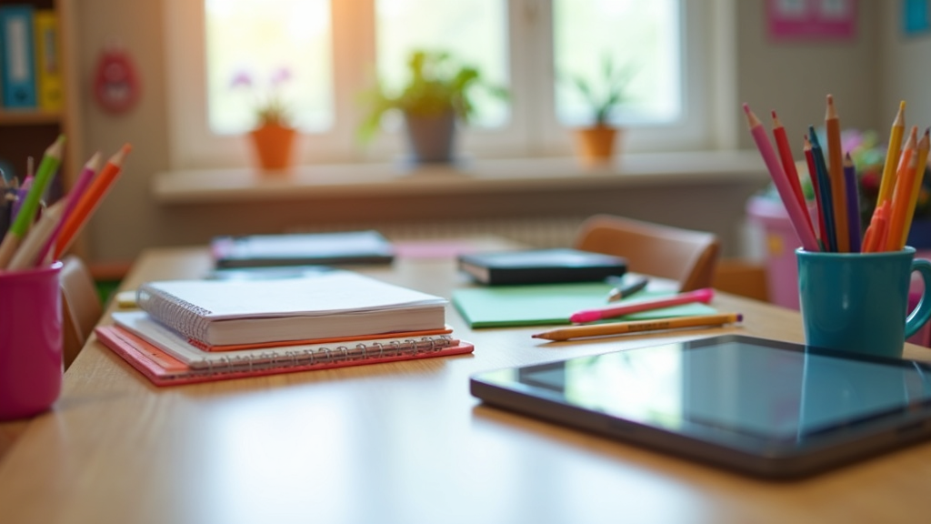 Colorful classroom scene showing individualized study materials, tablets, and notebooks on desks