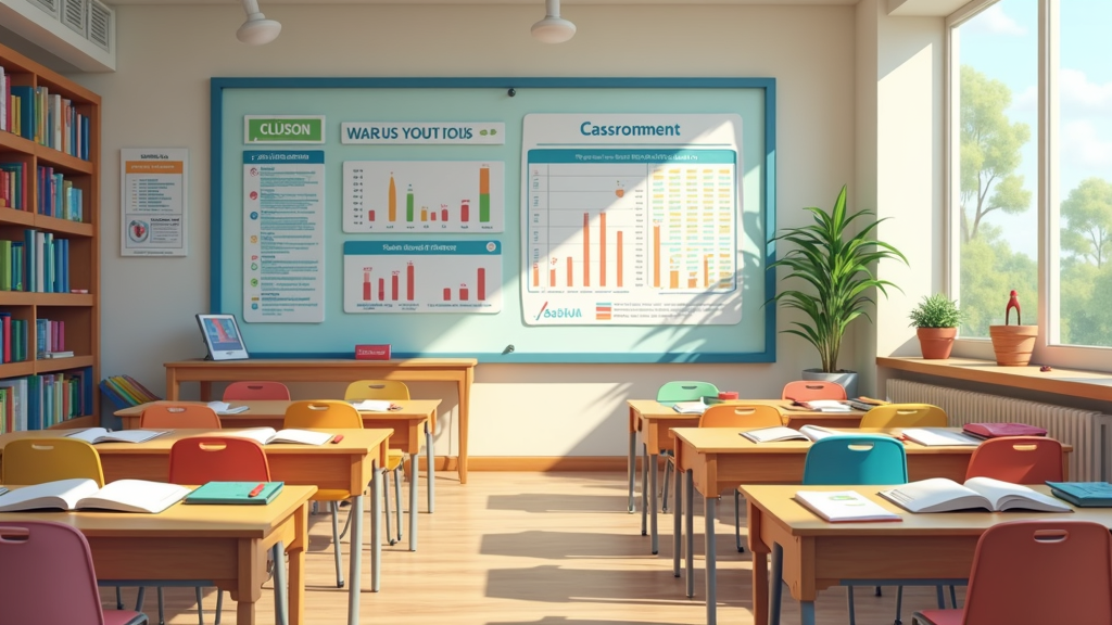 Colorful classroom with open books, pencils, and charts displayed on a large wall, featuring assessment graphs and learning tools spread out across desks.