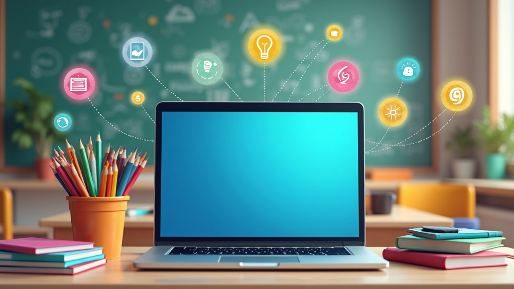 A laptop with interactive learning icons floating above, books and school supplies around